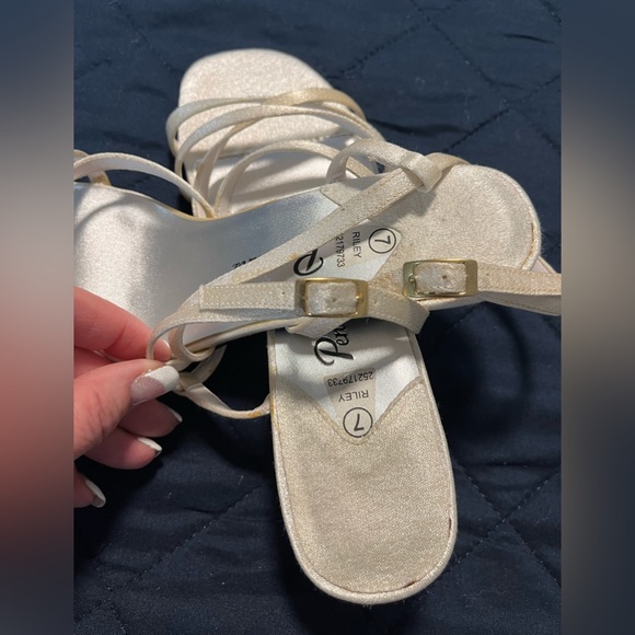 Women’s Penmans shimmering off white strap kitten heel shoes. - Picture 9 of 12